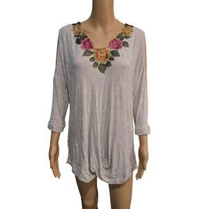 Cha Cha Vente Cream Blouse with Embroidery accent neckline 1X